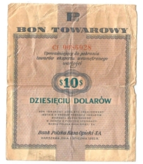 Bon towarowy na 10 dolarów 1.01.1960, seria Cf, stan 4/4-