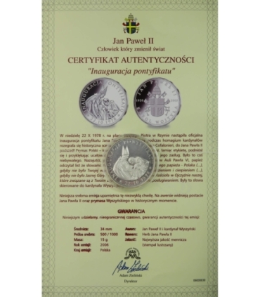 Polska, medal Jan Paweł II, Inauguracja pontyfikatu, 2008 r., certyfikat