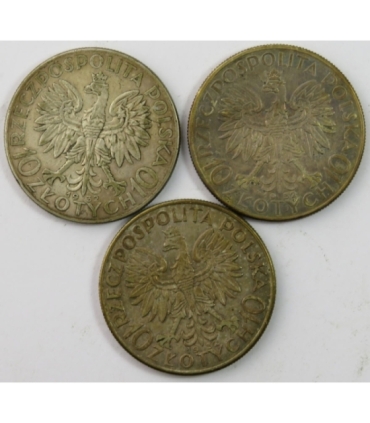 Lot: 3 x 10 złotych Głowa kobiety 1932, stan 3