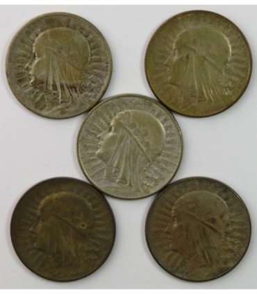 Lot: 5 x 5 złotych Głowa kobiety 1932-1934, stan 3