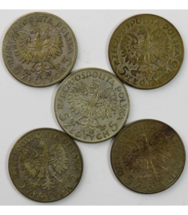 Lot: 5 x 5 złotych Głowa kobiety 1932-1934, stan 3