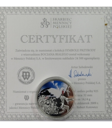 Symbole przyrody, Bocian biały, srebro Ag 14,14g, certyfikat