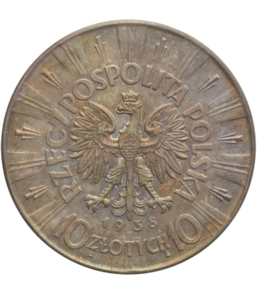 10 zł, Józef Piłsudski, 1938 stan 2, tęczowa patyna, rzadki rocznik