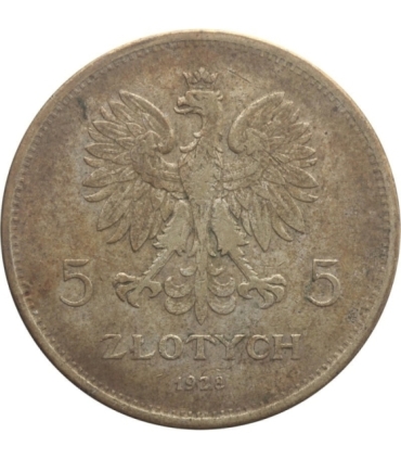 5 zł, Nike, 1928, ze znakiem mennicy, stan 3