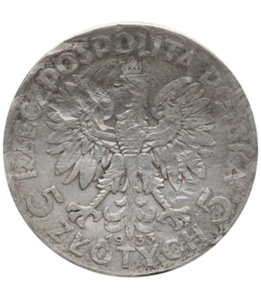 5 złotych głowa kobiety 1933, stan 4, posiada uszkodzenia mechaniczne