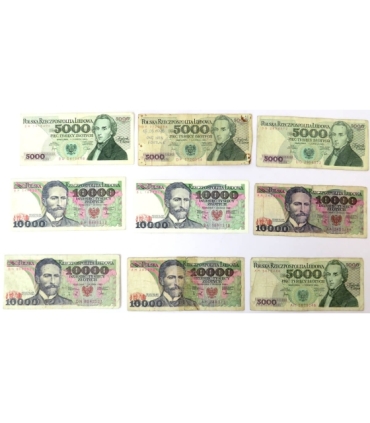Lot: 9 szt. x banknoty PRL 5 x 10000 Moniuszko, 4 x 5000 Chopin