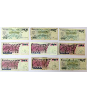 Lot: 9 szt. x banknoty PRL 5 x 10000 Moniuszko, 4 x 5000 Chopin