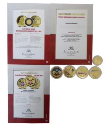 Zestaw medali "Jeszcze Polska nie zginęła" 1 x złoto Au 585 + 6 x miedzionikiel