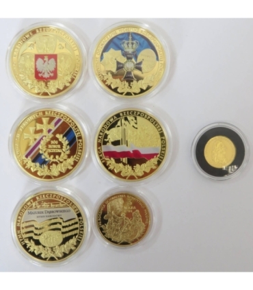 Zestaw medali "Jeszcze Polska nie zginęła" 1 x złoto Au 585 + 6 x miedzionikiel