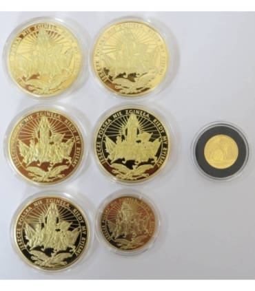 Zestaw medali "Jeszcze Polska nie zginęła" 1 x złoto Au 585 + 6 x miedzionikiel