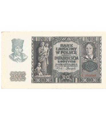 Banknot 20 złotych, 1940, seria L, stan 2-