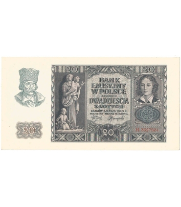 Banknot 20 złotych, 1940, seria H, stan 2-