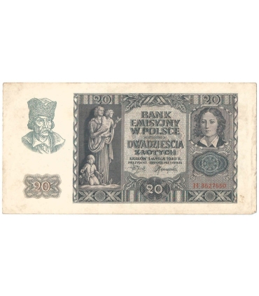 Banknot 20 złotych, 1940, seria H, stan 3+