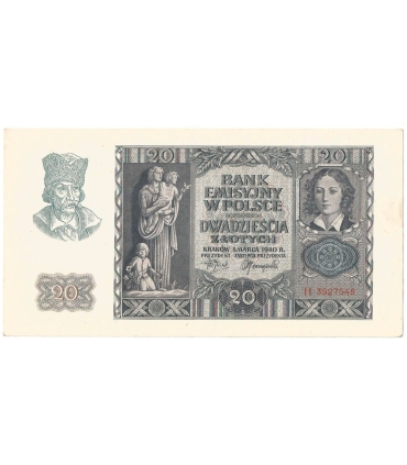 Banknot 20 złotych, 1940, seria H, stan 2+