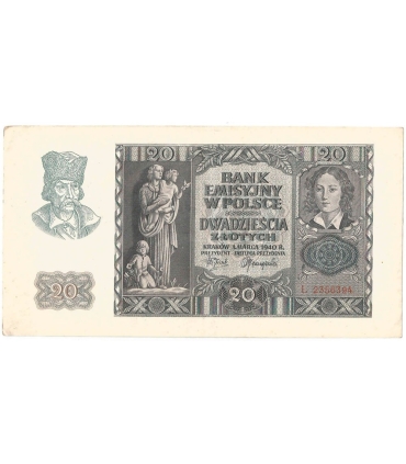 Banknot 20 złotych, 1940, seria L, stan 2/2-