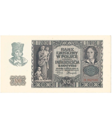 Banknot 20 złotych, 1940, seria H, stan 2-