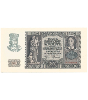 Banknot 20 złotych, 1940, seria L, stan 2