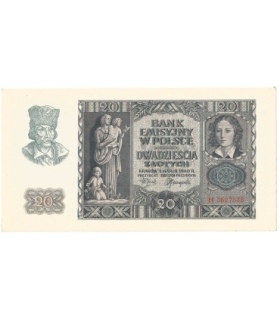 Banknot 20 złotych, 1940, seria H, stan 2+