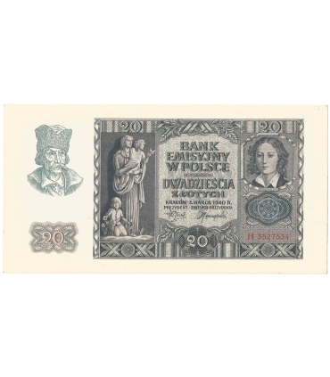 Banknot 20 złotych, 1940, seria H, stan 2