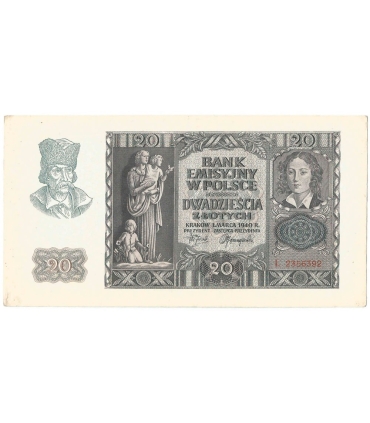 Banknot 20 złotych, 1940, seria L, stan 2/2-