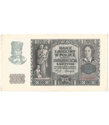 Banknot 20 złotych, 1940, seria L, stan 3