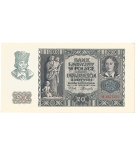 Banknot 20 złotych, 1940, seria H, stan 1-/2+