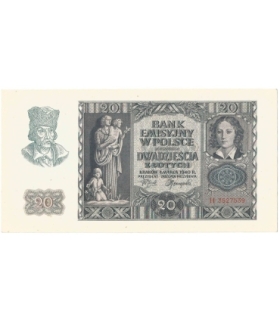 Banknot 20 złotych, 1940, seria H, stan 1-/2+