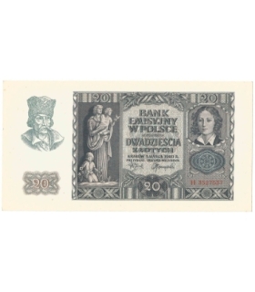 Banknot 20 złotych, 1940, seria H, stan 2+