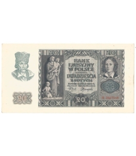 Banknot 20 złotych, 1940, seria H, stan 2+