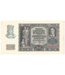 Banknot 20 złotych, 1940, seria H, stan 2+