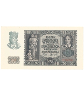 Banknot 20 złotych, 1940, seria H, stan 1-/2+