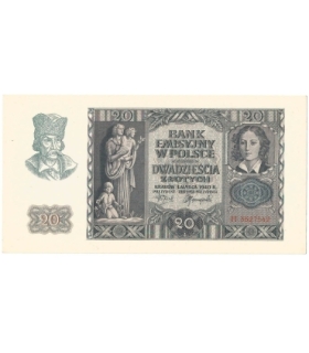 Banknot 20 złotych, 1940, seria H, stan 1-/2+