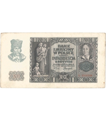 Banknot 20 złotych, 1940, seria L, stan 3