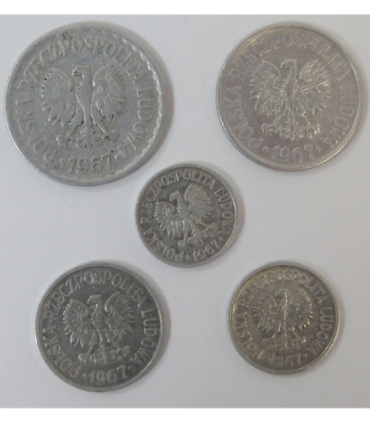 Lot 1967, 5 groszy, 10 groszy, 20 groszy, 50 groszy, 1 złoty, stan 3+/3
