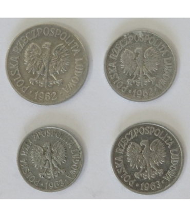 Lot 1962, 1963: 10 groszy 1962, 20 groszy 1962, 5 groszy 1963, 10 groszy 1963, stany 2-/3+