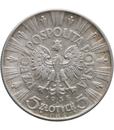 5 złotych Piłsudski 1938, rzadka, stan 2-, połysk