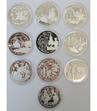 10 dekad Niepodległości – zestaw 10 numizmatów, Srebro Ag 999