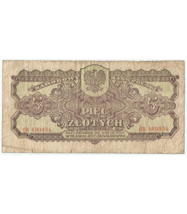 5 złotych 1944, w klauzuli OBOWIĄZKOWYM, seria OB, st. 4