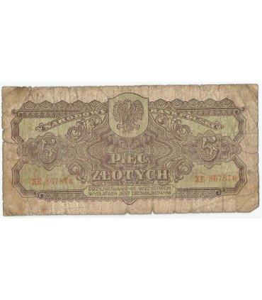 5 złotych 1944, w klauzuli OBOWIĄZKOWYM, seria XE, st. 6