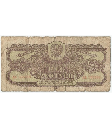 5 złotych 1944, w klauzuli OBOWIĄZKOWYM, seria AA, st. 6
