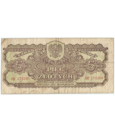 5 złotych 1944, w klauzuli OBOWIĄZKOWYM, seria OE , st. 4
