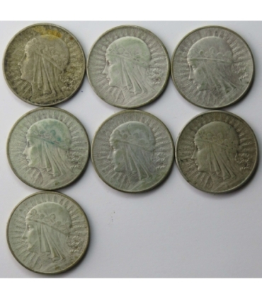 Lot: 7 x 10 złotych Głowa kobiety 1932/1933, stan 3