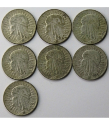 Lot: 7 x 5 złotych Głowa kobiety 1932-1934, stany 3/3+