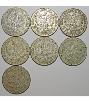 Lot: 7 x 5 złotych Głowa kobiety 1932-1934, stany 3/3+
