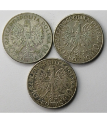 Lot: 3 x 10 złotych Głowa kobiety 1932, ładne 3+/2-