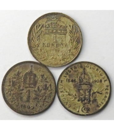 Lot: 3 x 1 korona Austria: 1899, 1908, Węgry: 1914, srebro