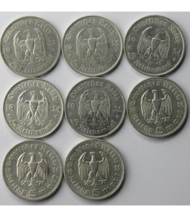 Lot: 8 x 5 marek, Hindenburg + Wieża / Kościół, st. 3/3+