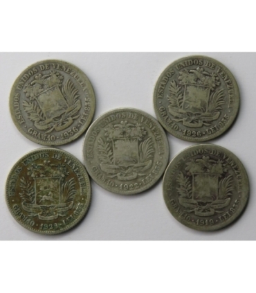 Lot: Wenezuela 5 x 2 boliwary, MIX roczników 1919, 1922, 2926, 1929, 1936, srebro