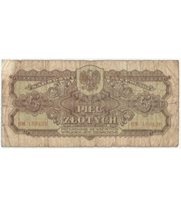 5 złotych 1944, w klauzuli OBOWIĄZKOWE, seria OM, st. 6+