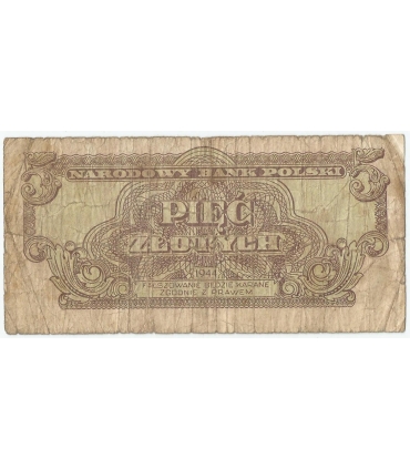 5 złotych 1944, w klauzuli OBOWIĄZKOWE, seria OM, st. 6+